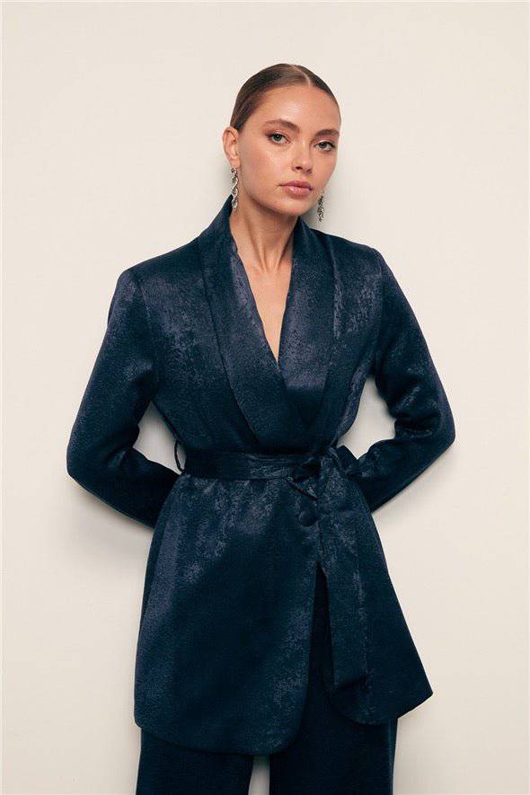 Jacquard Belted Long Jacket - Navy Blue - LussoCA