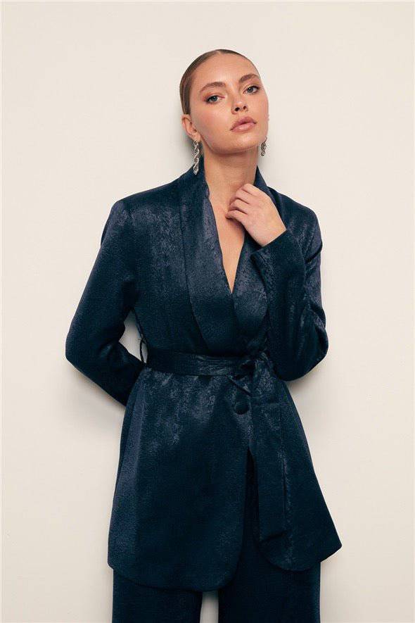 Jacquard Belted Long Jacket - Navy Blue - LussoCA