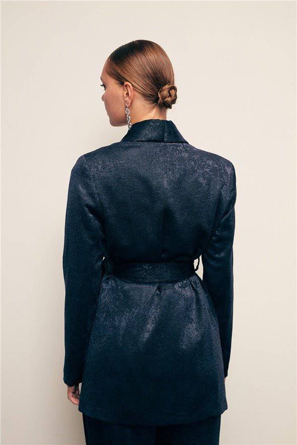 Jacquard Belted Long Jacket - Navy Blue - LussoCA