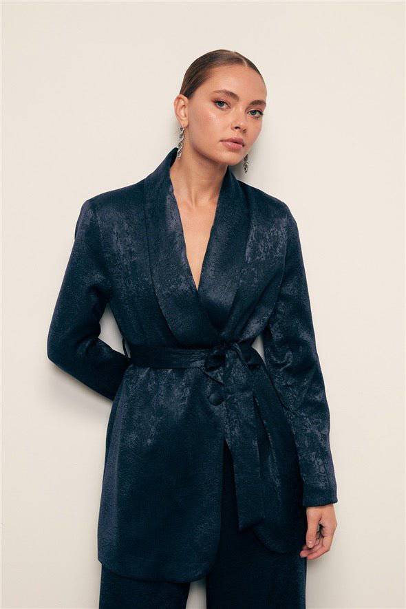 Jacquard Belted Long Jacket - Navy Blue - LussoCA