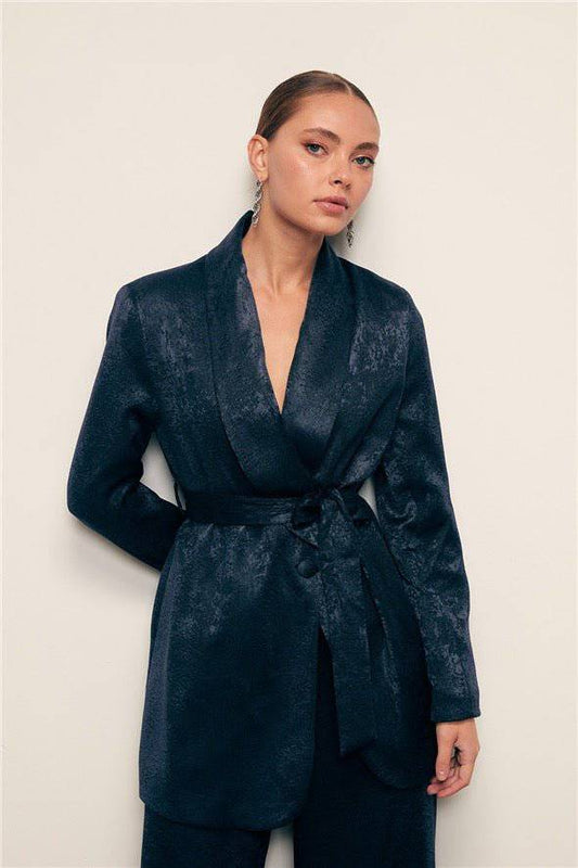 Jacquard Belted Long Jacket - Navy Blue - LussoCA