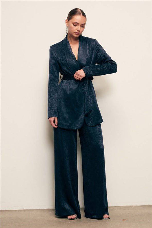 Jacquard Wide Leg Pants - Navy Blue - LussoCA