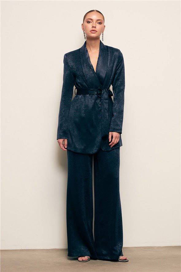 Jacquard Wide Leg Pants - Navy Blue - LussoCA