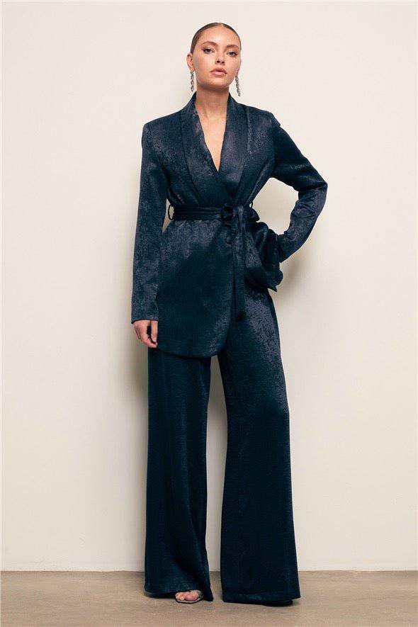 Jacquard Wide Leg Pants - Navy Blue - LussoCA