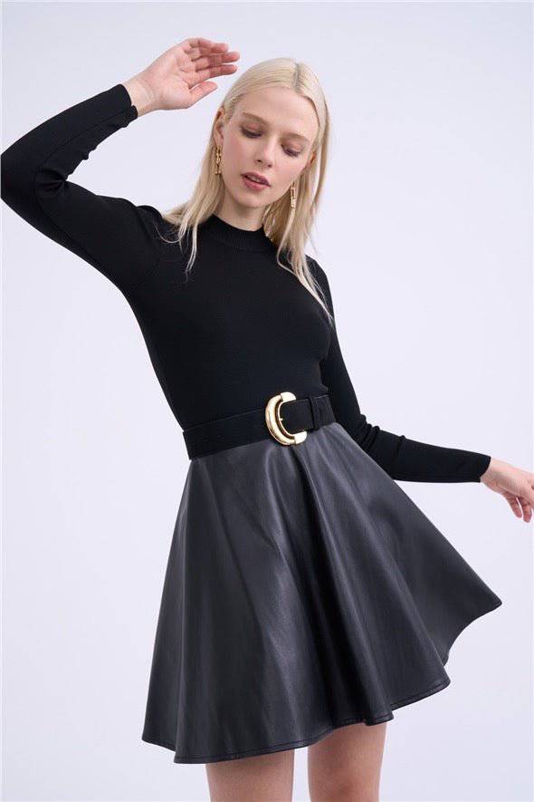 Flared mini leather skirt - Black - LussoCA
