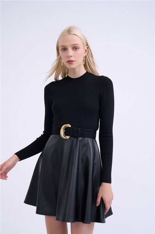 Flared mini leather skirt - Black - LussoCA