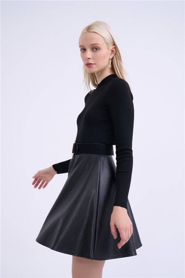 Flared mini leather skirt - Black - LussoCA