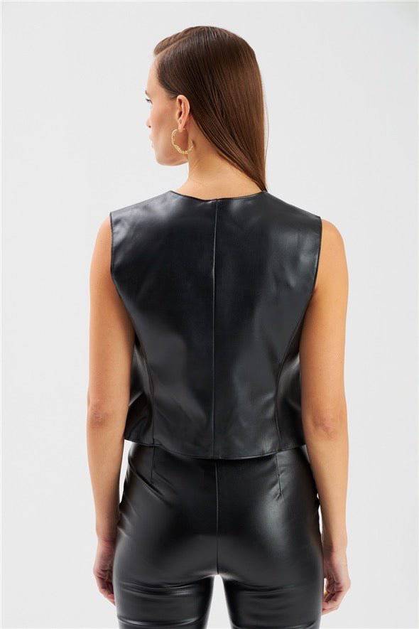 Button Detailed Leather Vest - Black - LussoCA