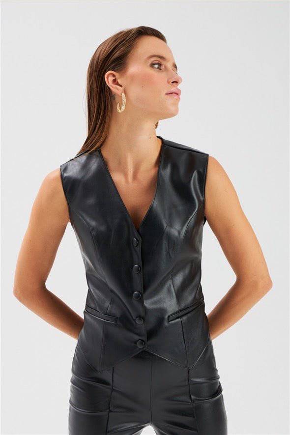 Button Detailed Leather Vest - Black - LussoCA