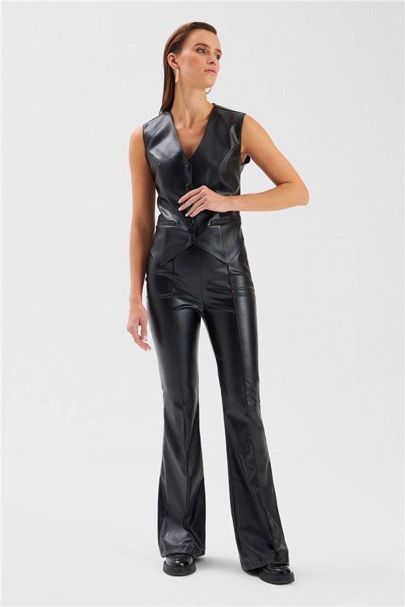 Button Detailed Leather Vest - Black - LussoCA