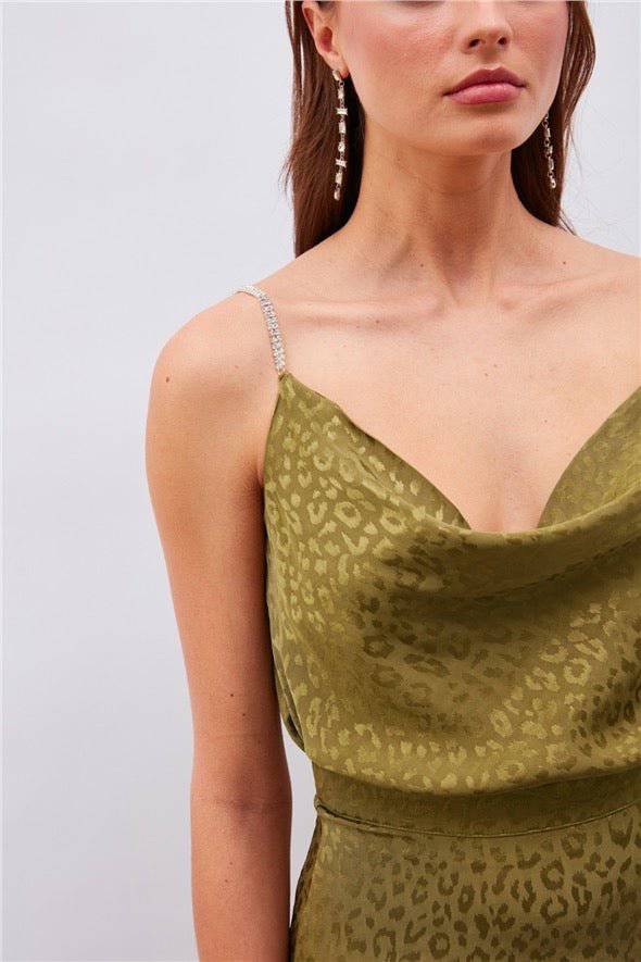 Leopard Cami Top with Diamond Strap - Olive Green - LussoCA