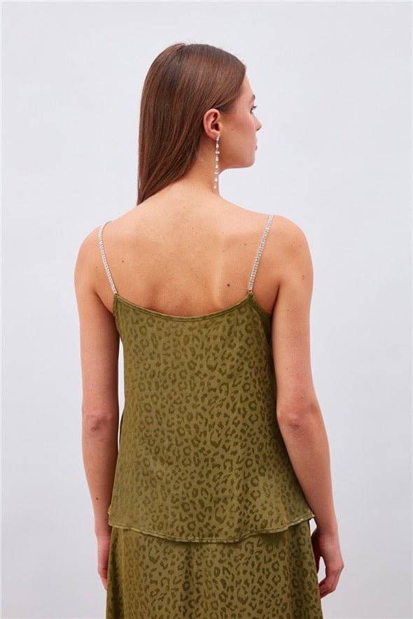 Leopard Cami Top with Diamond Strap - Olive Green - LussoCA