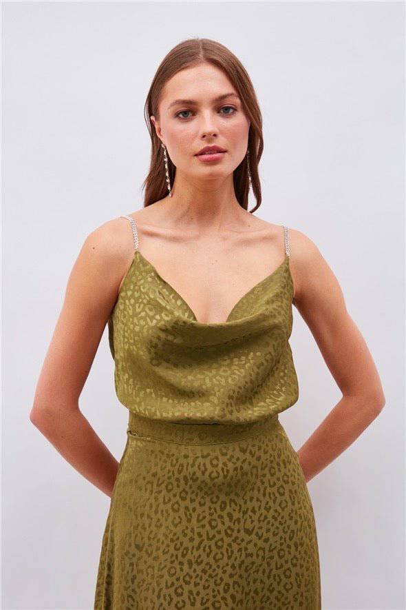 Leopard Cami Top with Diamond Strap - Olive Green - LussoCA