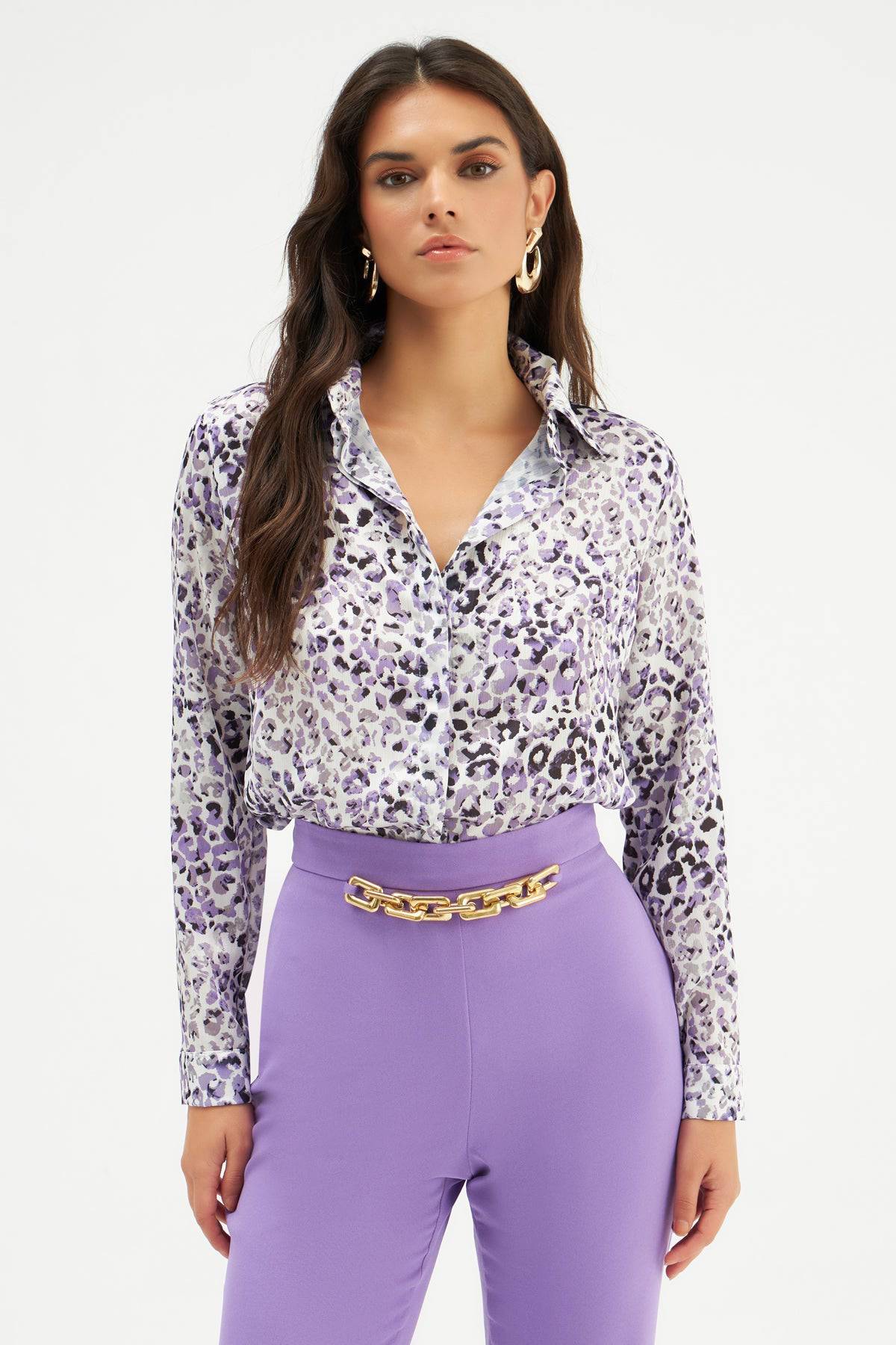 Leopard Patterned Plain Shirt - Lilac - LussoCA