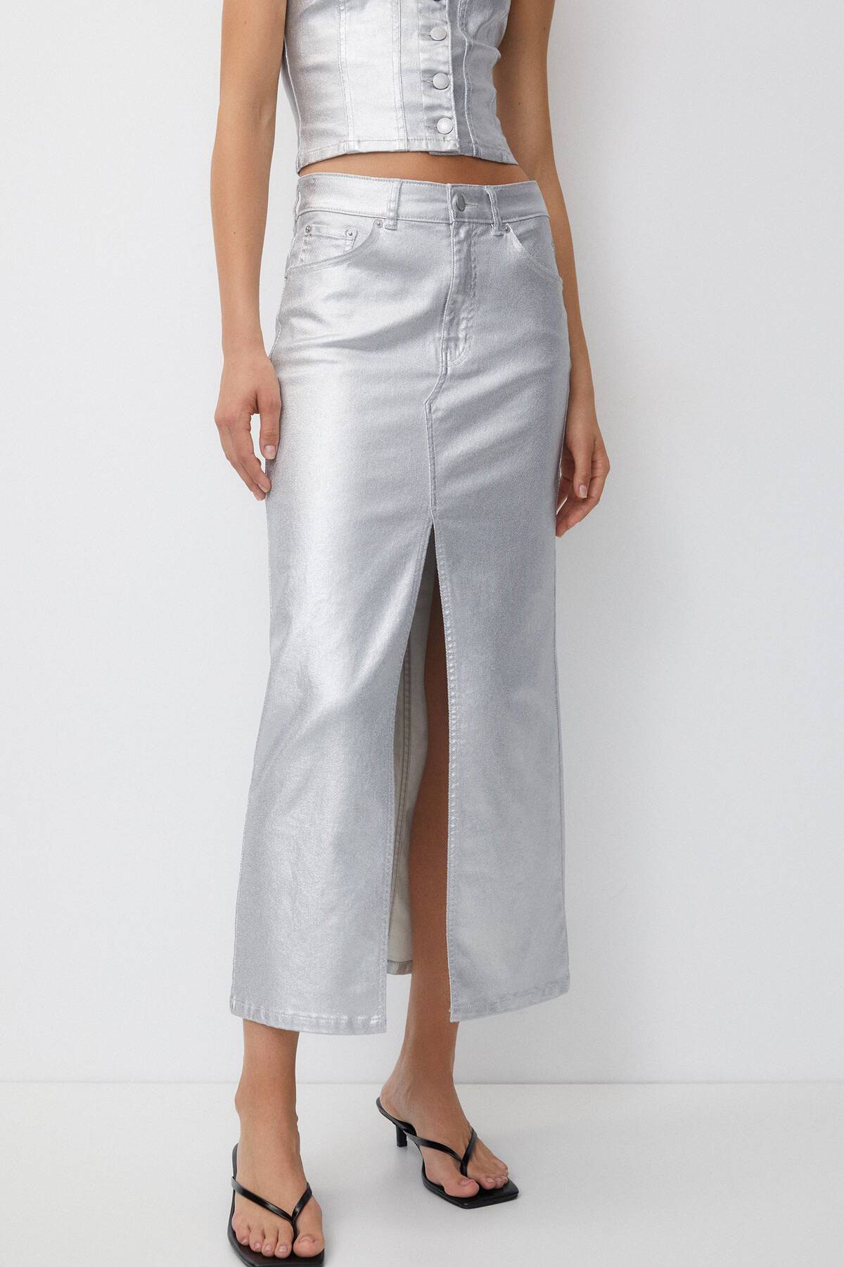 Long Metallic Denim Skirt with Long Slit - Silver - LussoCA