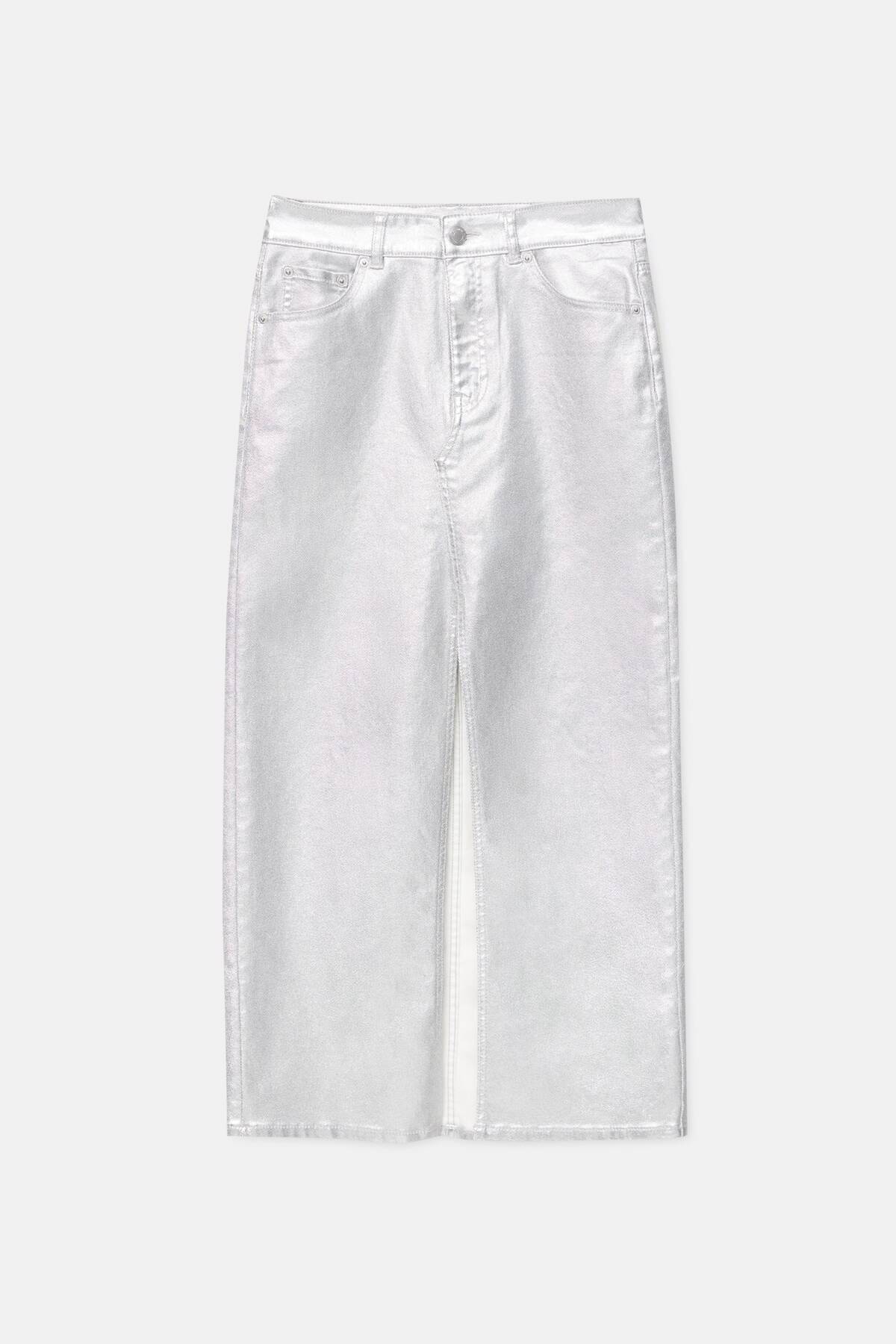 Long Metallic Denim Skirt with Long Slit - Silver - LussoCA