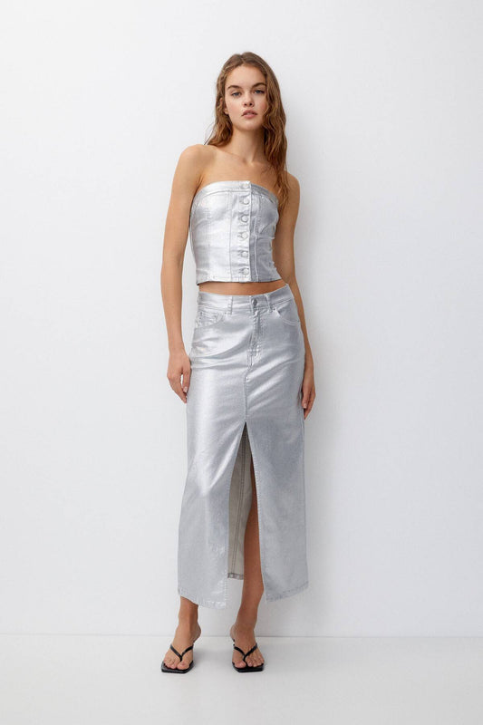 Long Metallic Denim Skirt with Long Slit - Silver - LussoCA
