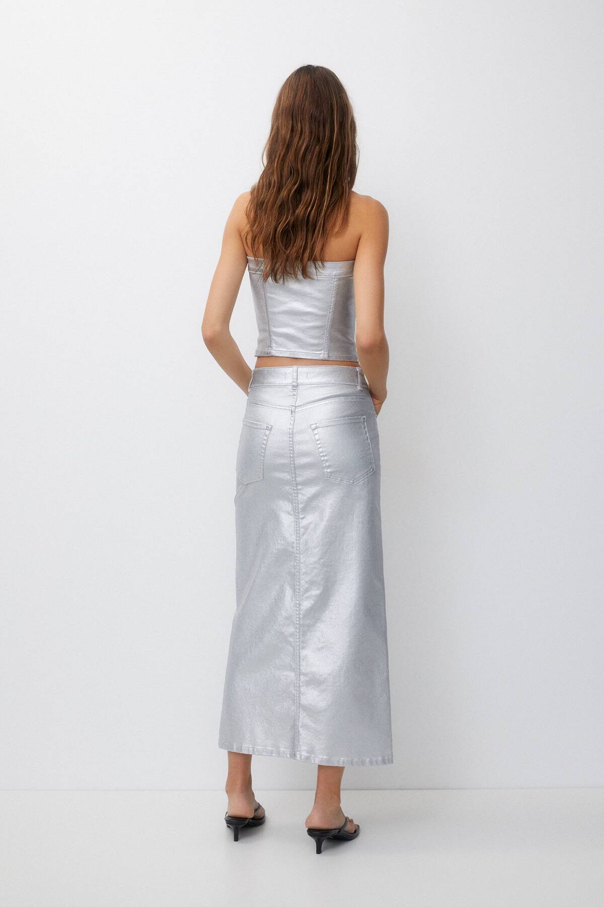 Long Metallic Denim Skirt with Long Slit - Silver - LussoCA