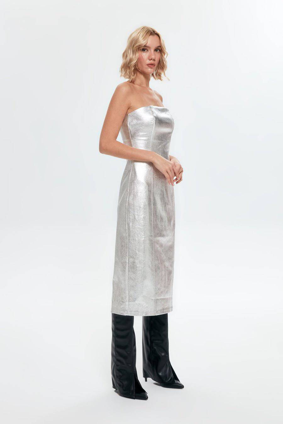 Metallic Strapless Midi Bodycon Denim Dress - Silver - LussoCA