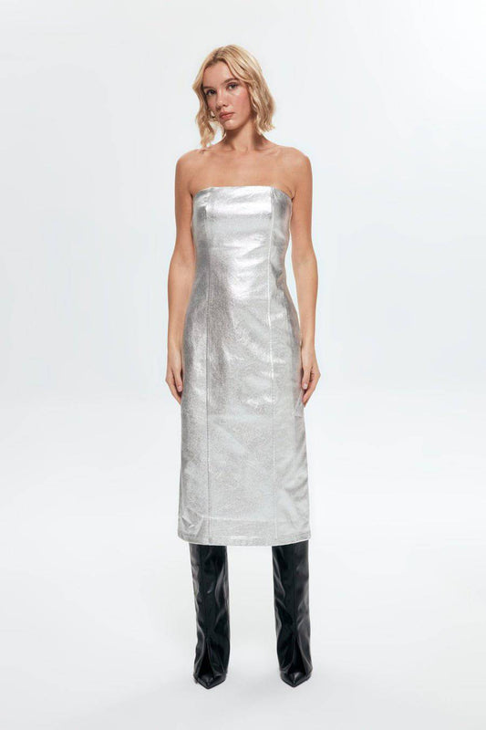 Metallic Strapless Midi Bodycon Denim Dress - Silver - LussoCA