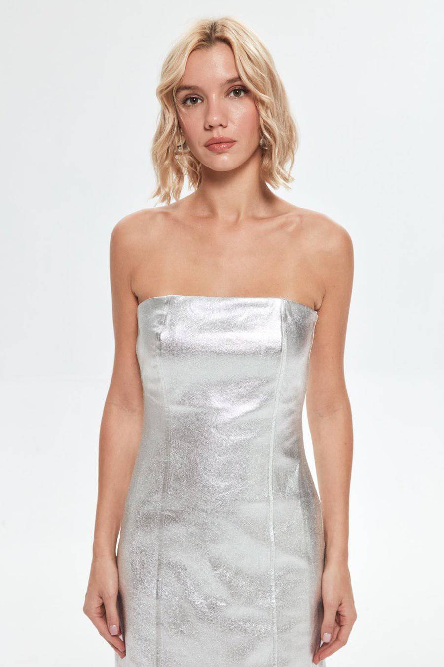 Metallic Strapless Midi Bodycon Denim Dress - Silver - LussoCA