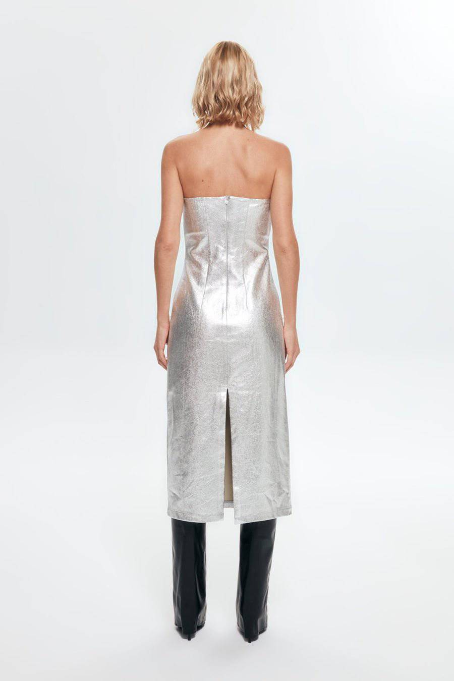 Metallic Strapless Midi Bodycon Denim Dress - Silver - LussoCA