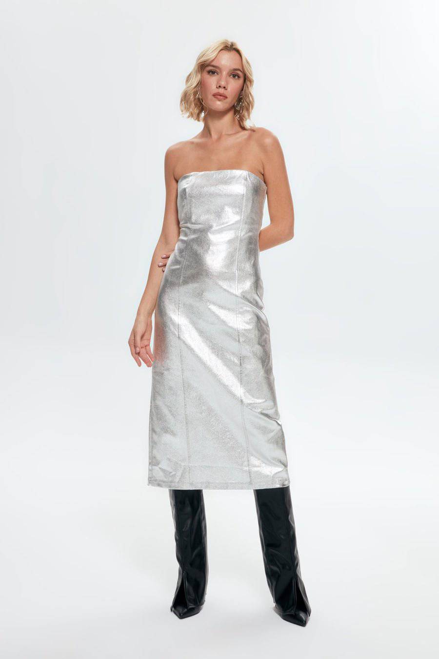 Metallic Strapless Midi Bodycon Denim Dress - Silver - LussoCA