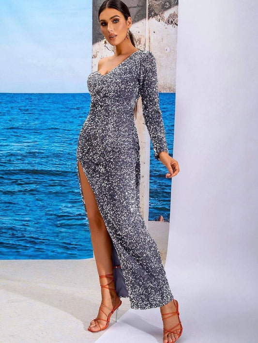 Midi Dress One Shoulder Sweetheart Neck with Long Slit Velvet Sequins Dress - Silver - LussoCA