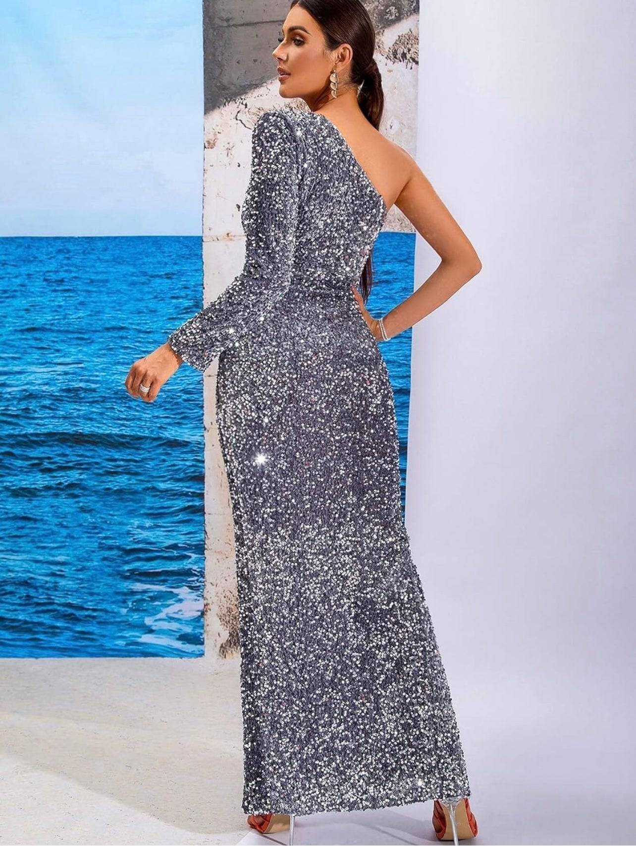 Midi Dress One Shoulder Sweetheart Neck with Long Slit Velvet Sequins Dress - Silver - LussoCA