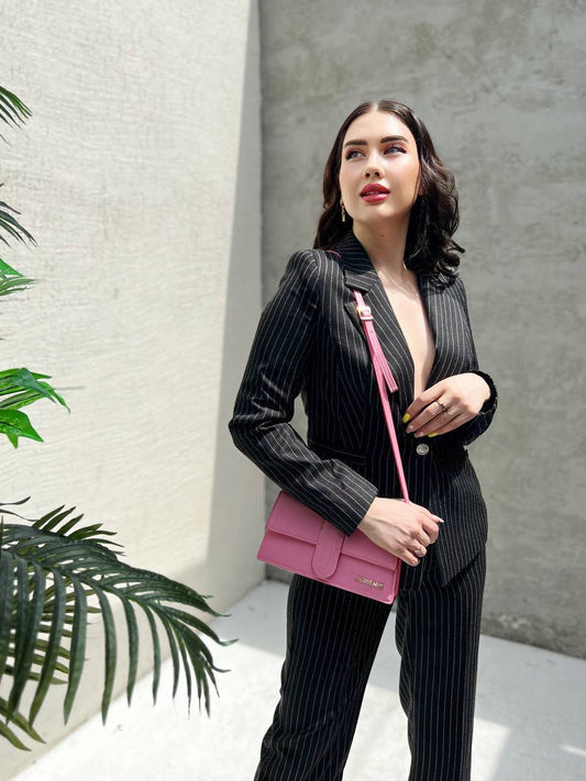 Pinstripe One Button Fitted Jacket- Black - LussoCA