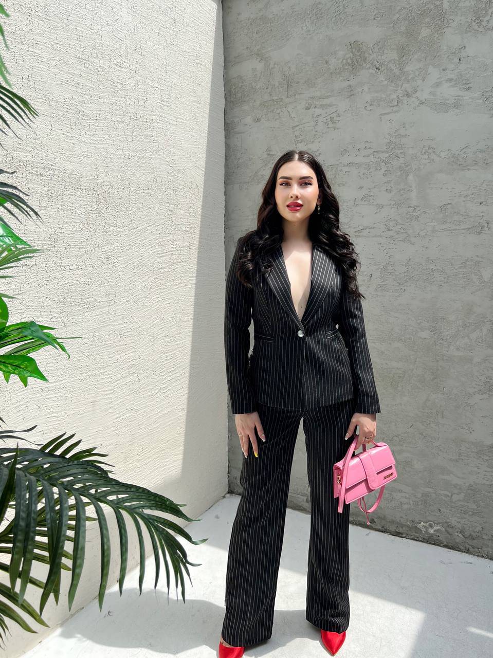 Pinstripe Wide Leg High Raised Pants - Black - LussoCA