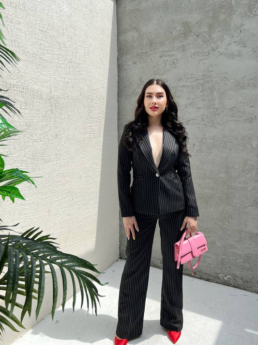 Pinstripe Wide Leg High Raised Pants - Black - LussoCA