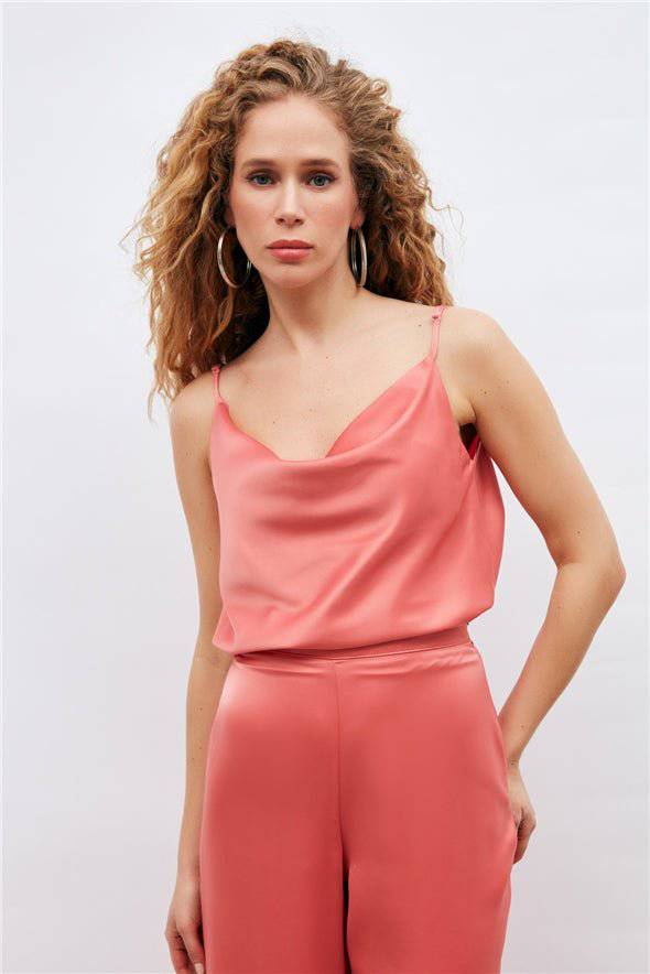 Plunging Neck Satin Cami - Coral - LussoCA