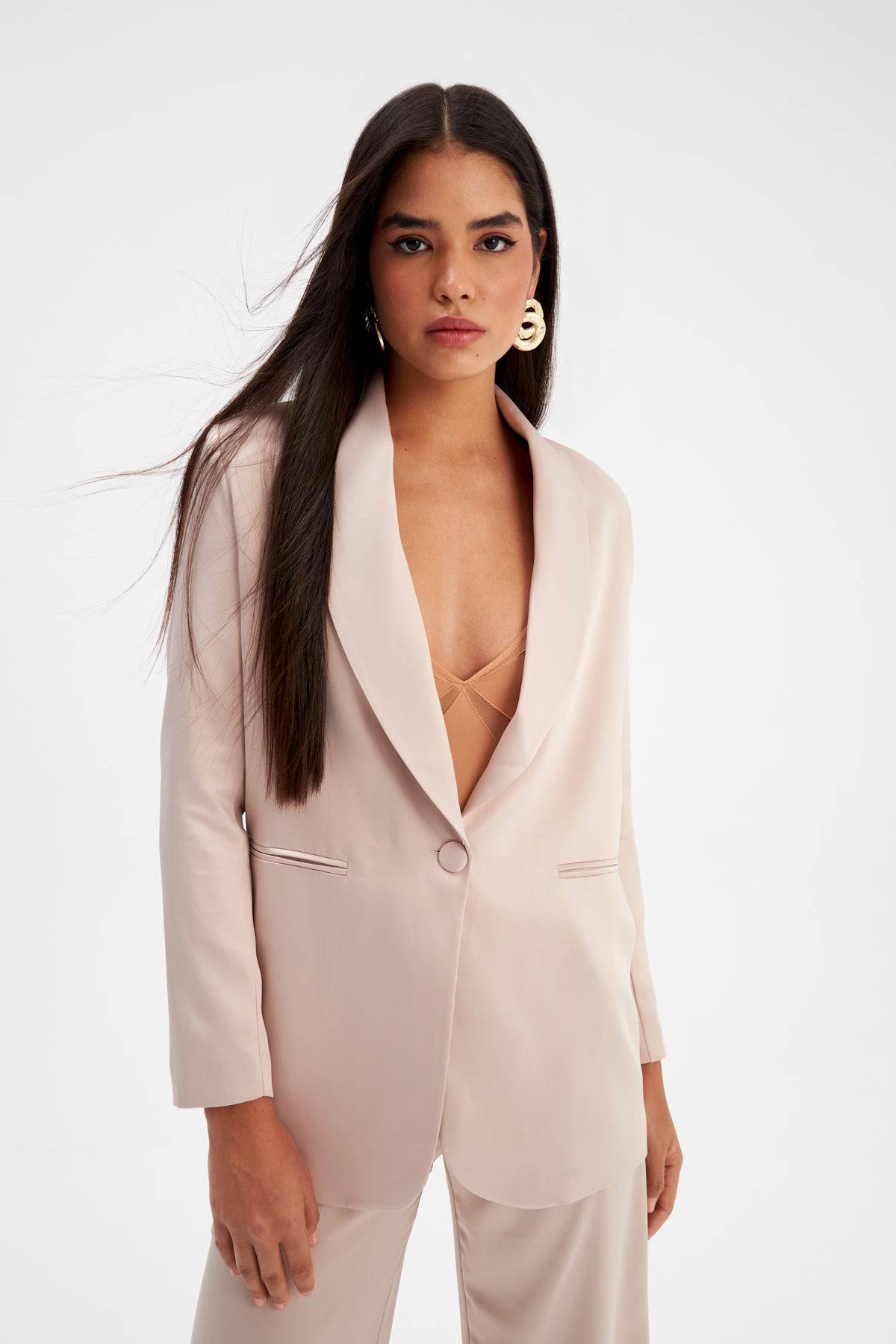 Shawl Collar Satin Jacket - Beige - LussoCA