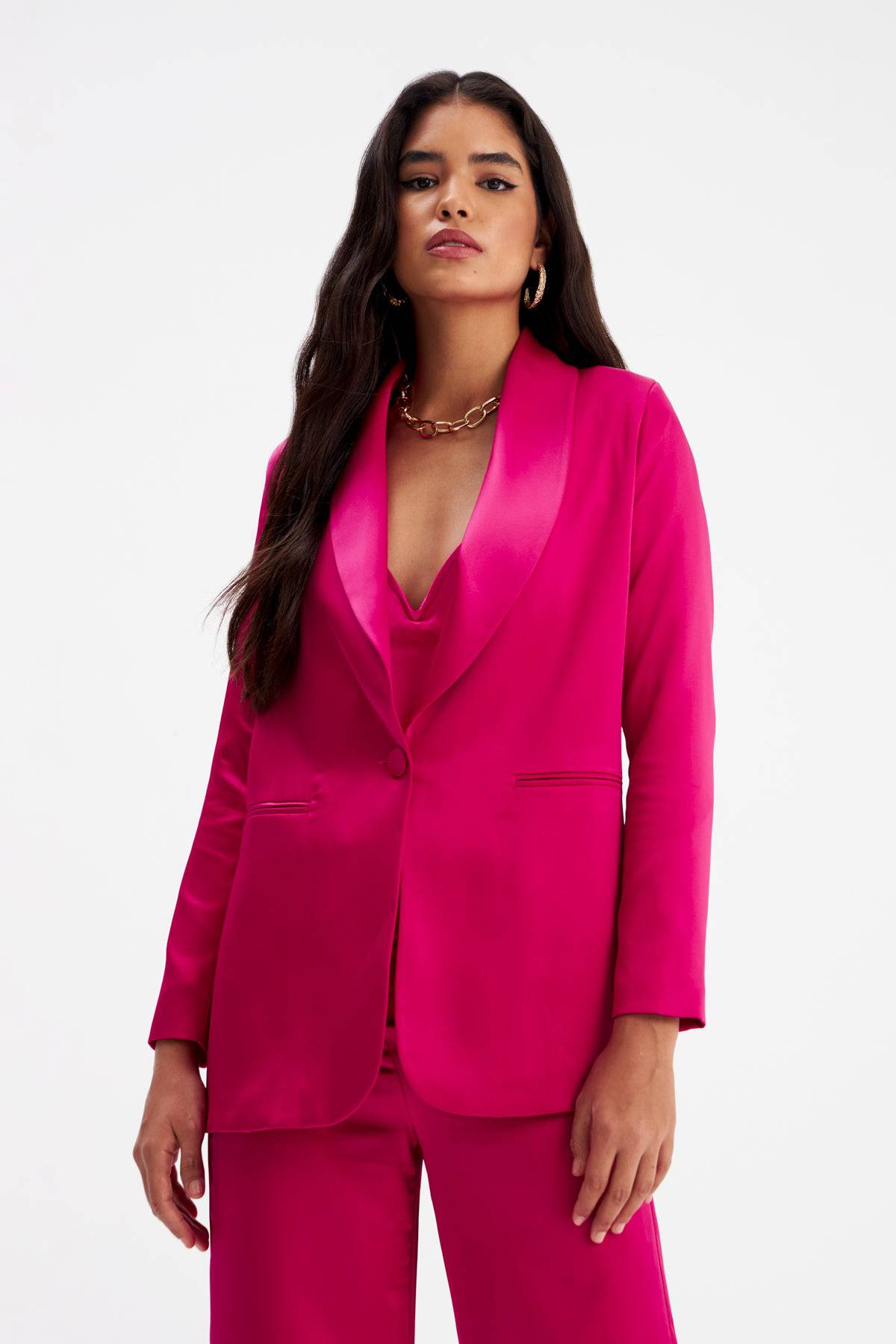 Shawl Collar Satin Jacket - Pink - LussoCA