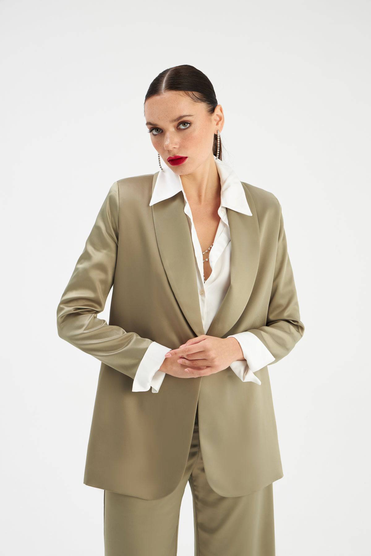 Shawl Collar Satin Jacket - OIL GREEN - LussoCA