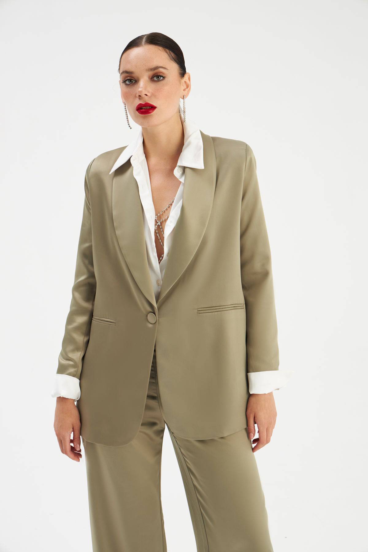 Shawl Collar Satin Jacket - OIL GREEN - LussoCA