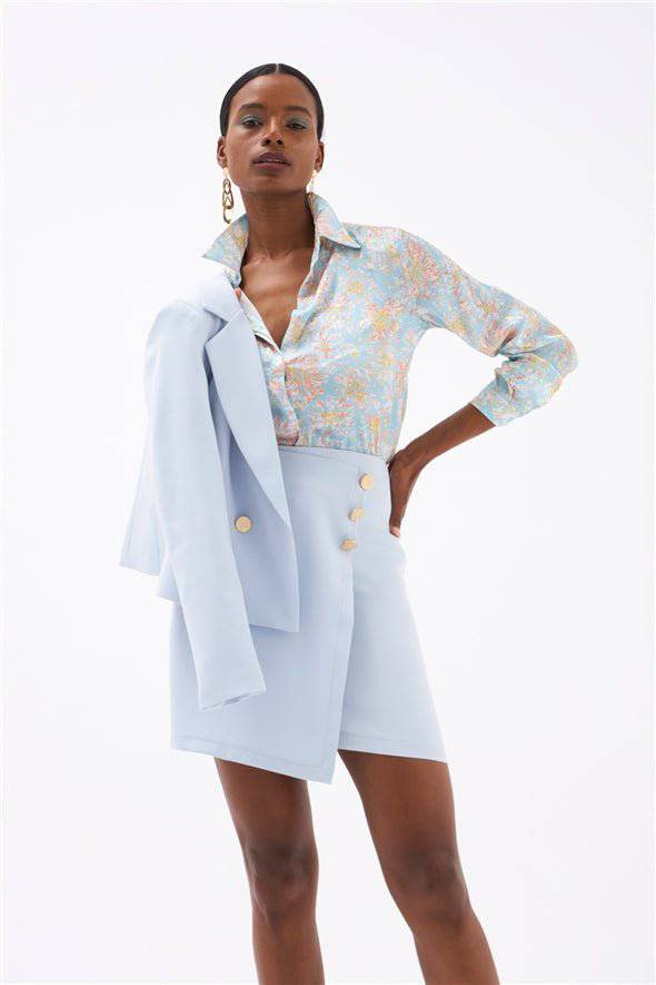 Wrap Button Detailed Skirt - Baby Blue - LussoCA