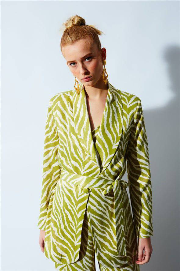 Zebra Satin Jacket with Belt -Green - LussoCA