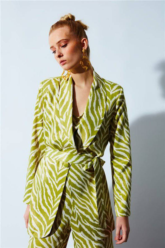 Zebra Satin Jacket with Belt -Green - LussoCA