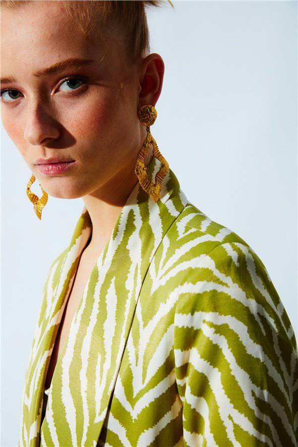 Zebra Satin Jacket with Belt -Green - LussoCA