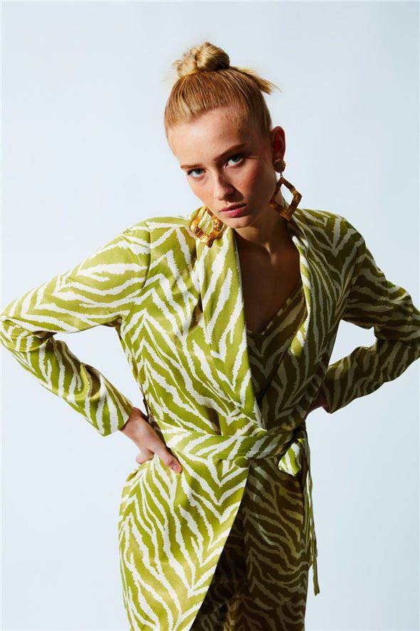 Zebra Satin Jacket with Belt -Green - LussoCA