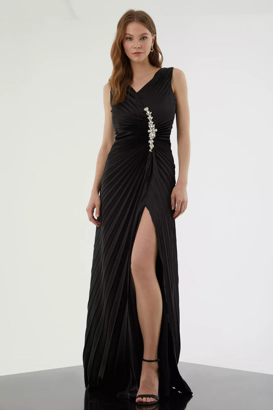 Satin Sleeveless Pleated Maxi Dress - Black