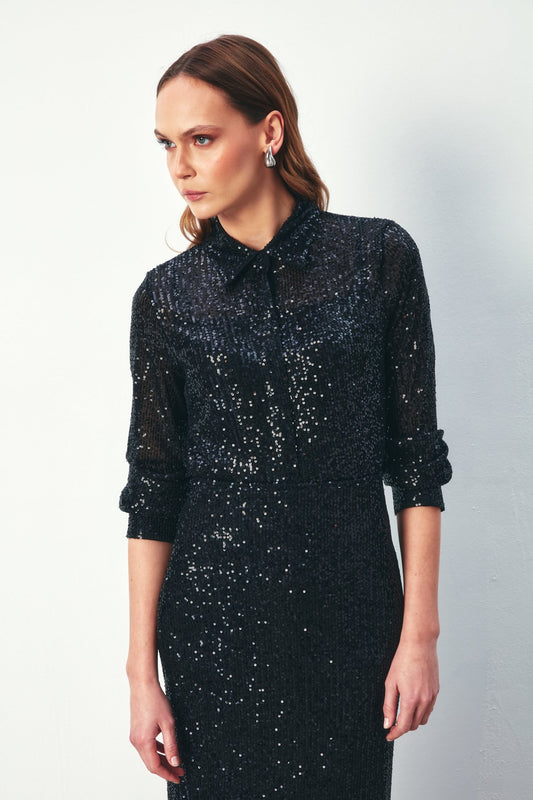 Sequined Casual Shirt - BLACK - LussoCA