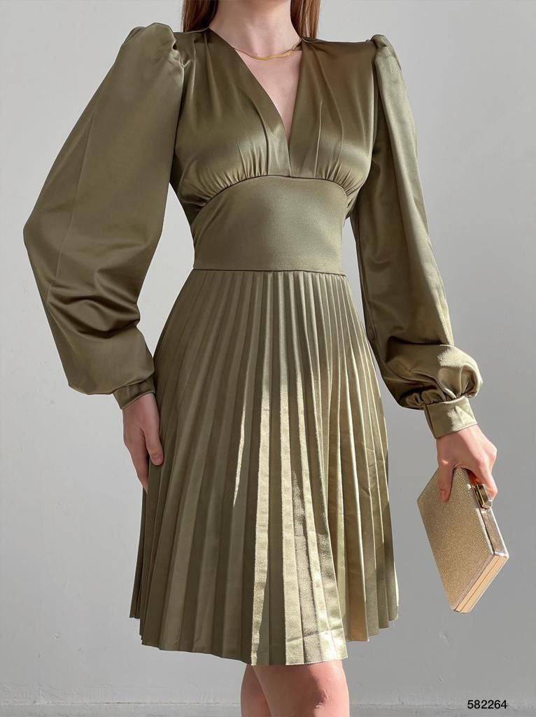 V-Neck Satin Long-Sleeve Pleated skirt Knee Length Dress - Olive Green