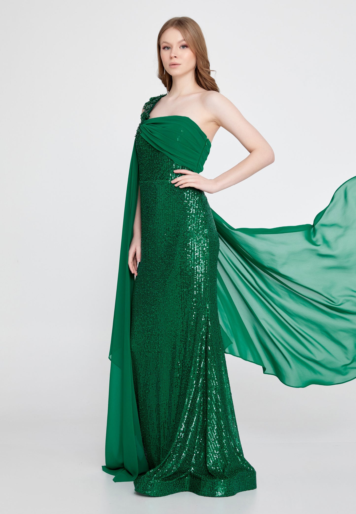 One-shoulder Sequin Gown with Long Chiffon Shoulder - Emerald