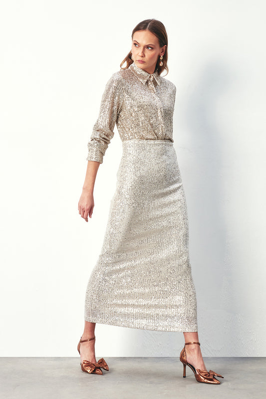 Sequin Ankle Length Skirt - Gold