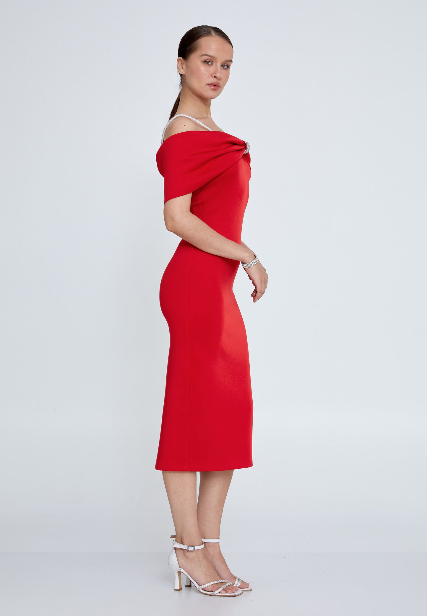 Big Bow Off Shoulder with Straps Midi Pencil Dress - Red