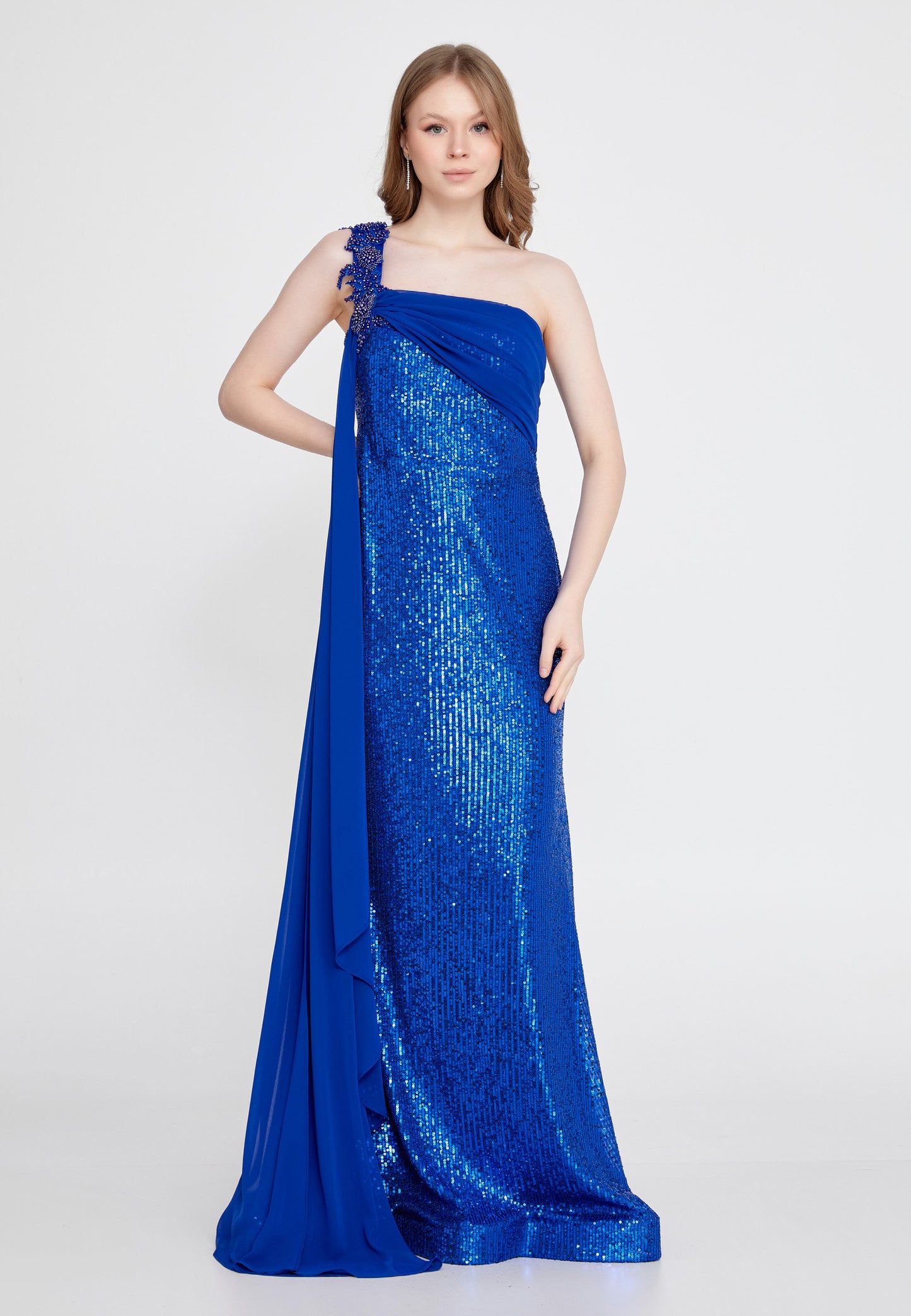 One-shoulder Sequin Gown with Long Chiffon Shoulder - Royal Blue