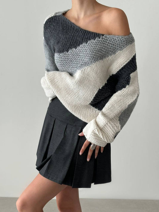 Multicolor Off-Shoulder Sweater - Grey